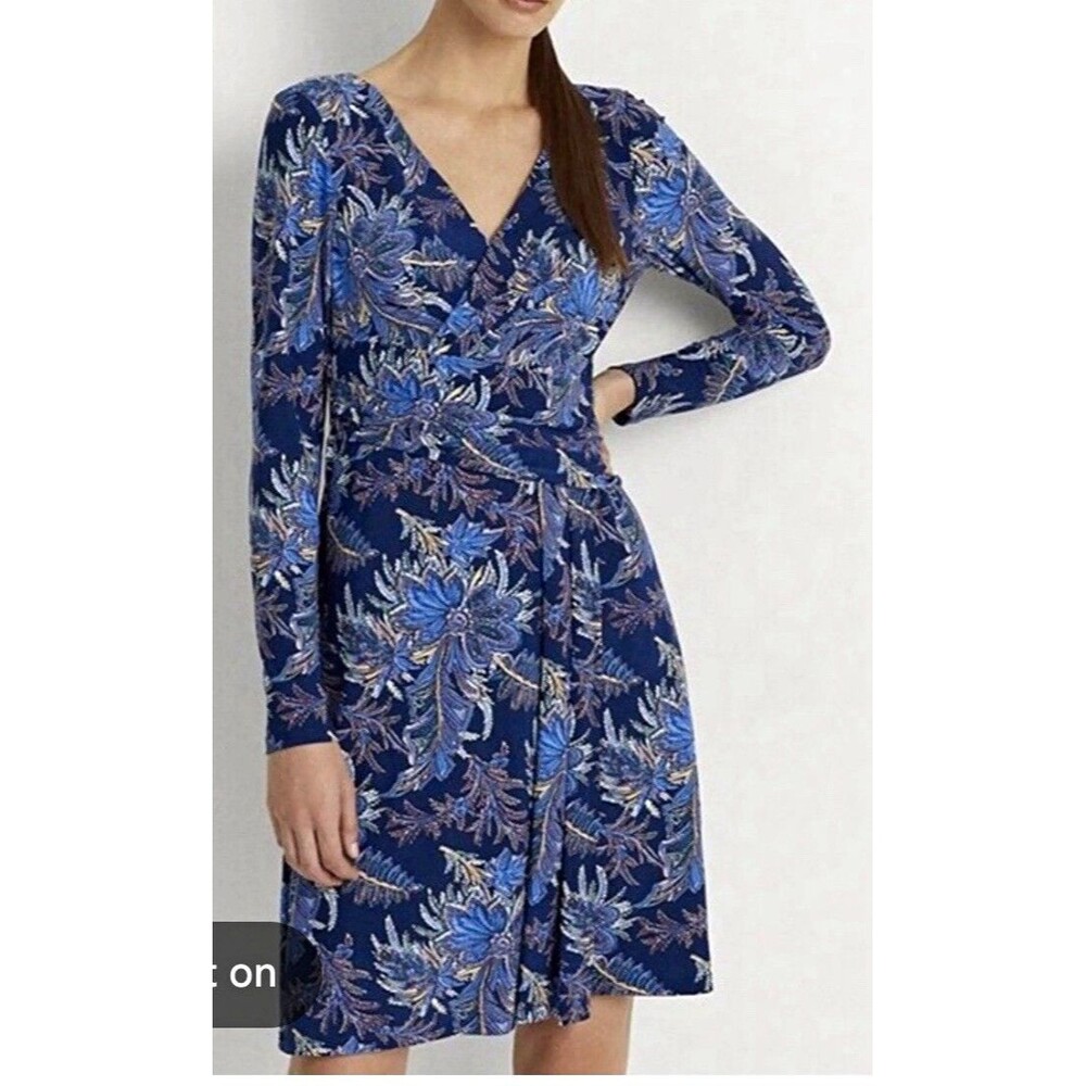 Lauren Ralph Lauren Women’s Floral faux Wrap Dress Navy Blue Size 8 V-Neck Knee